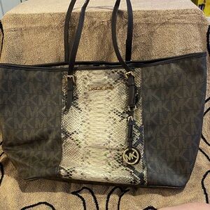 Michael Kors Black Tote with Snakeskin Panel and Gold Hardware